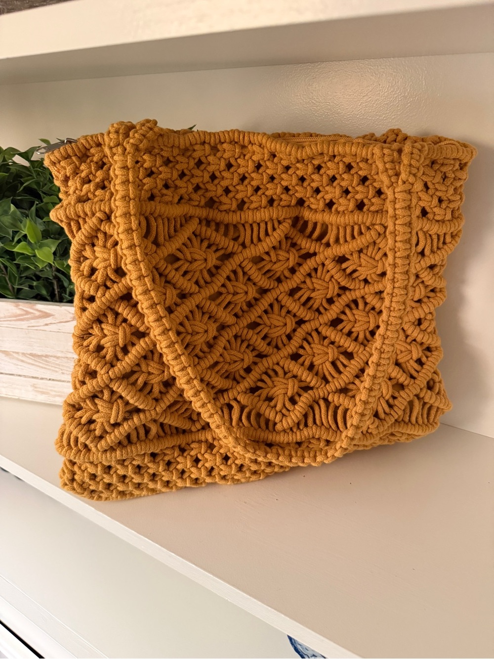 Handmade Macramé Tote Bag Mustard Boho Woven Shoulder Purse Zip Top Lined - Picture 2 of 10